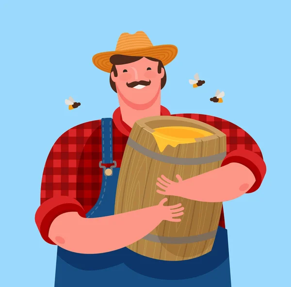Beekeeper is holding a wooden keg with honey. Beekeeping, cartoon vector illustration — Stock Vector
