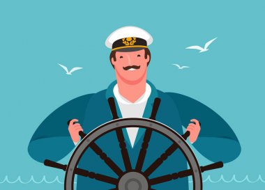 Geminin dümeninde ki denizci. Yelken, seyir vektör illüstrasyon