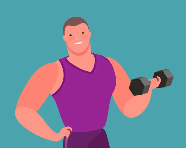 Muscular fisiculturista levanta halteres pesados. Ginásio, desenho animado ilustração vetorial — Vetor de Stock
