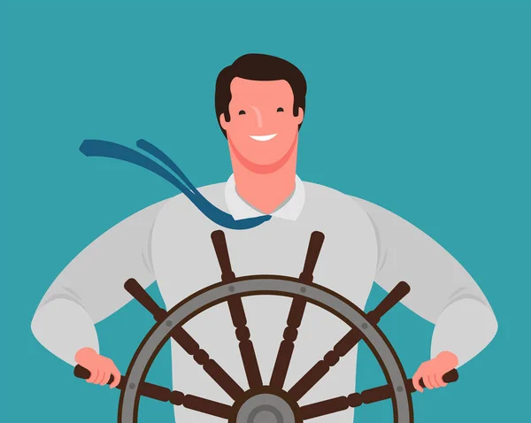 Lachende zakenman aan het roer van het schip. Zakelijk succes, cartoon vector illustratie — Stockvector