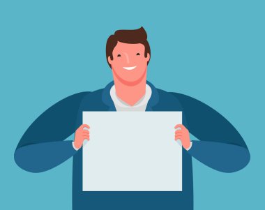 Mutlu bir işadamı elinde bir kağıt kağıt tutuyor. İş sunumu, karikatür vektör illüstrasyon