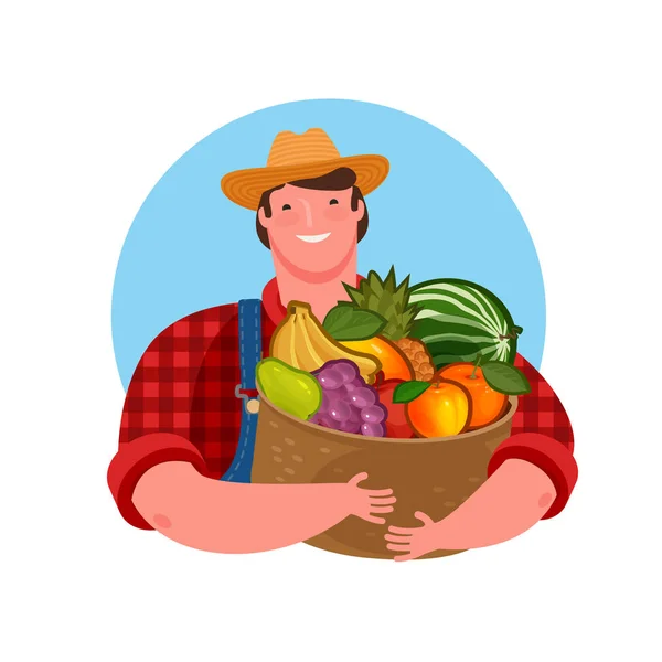 Agricultor segurando uma cesta de frutas frescas. Produto natural, ilustração do vetor alimentar — Vetor de Stock