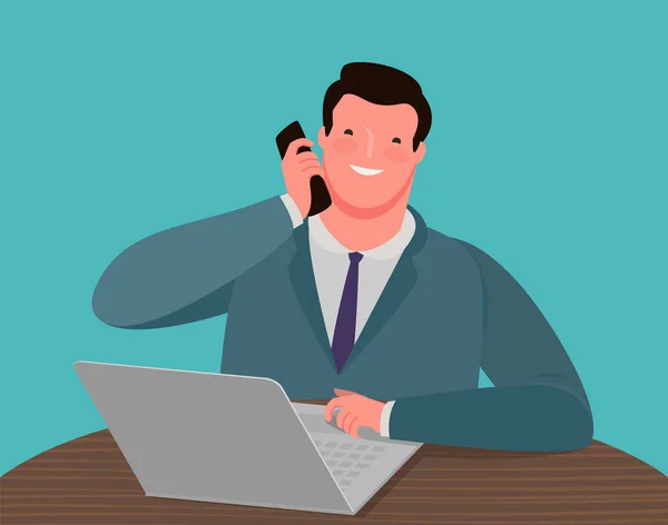 Uomo d'affari che parla al telefono mentre è seduto alla scrivania di fronte a un computer portatile. Illustrazione vettoriale aziendale — Vettoriale Stock