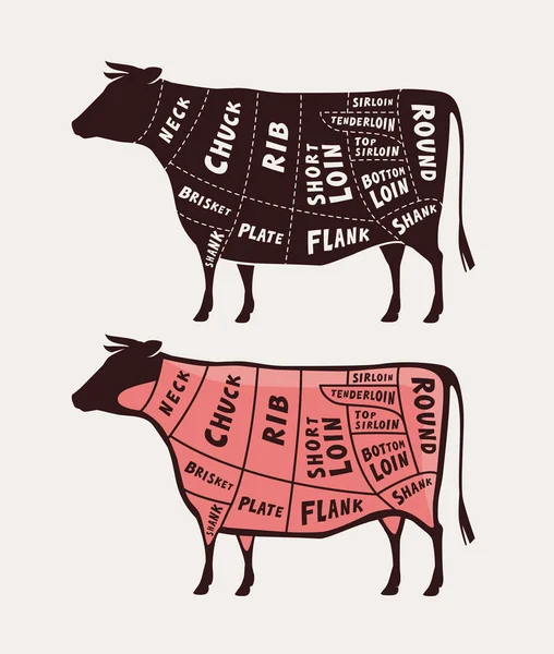 고기, 쇠고기의 컷. 포스터 정육점 다이어그램 및 구성표, 벡터 일러스트레이션 — 스톡 벡터