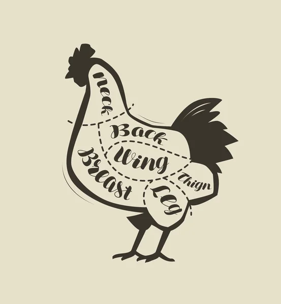 Snijden van kippenvlees. Menu voor restaurant of slagerij. Vector Vintage — Stockvector
