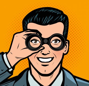 İşadamı dürbünle bakıyor. İş retro tarzı pop art. Vektör çizimi