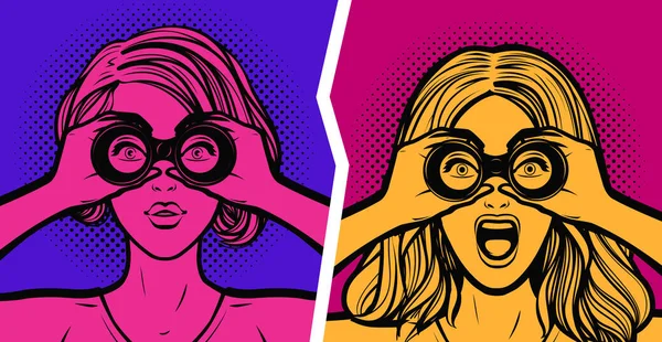 Sexy überraschte Frau, die durch ein Fernglas schaut. Vektorillustration im Pop-Art-Retro-Comic-Stil — Stockvektor