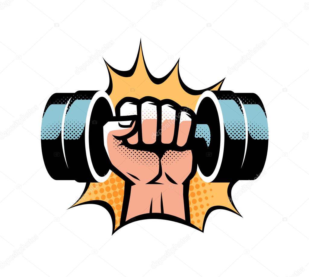 Arm with dumbbell. Gym club logo. Vector illustration isolated on white background