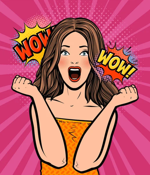 Portrait of an emotional surprised young woman. Wow retro comic style vector — Stock Vector