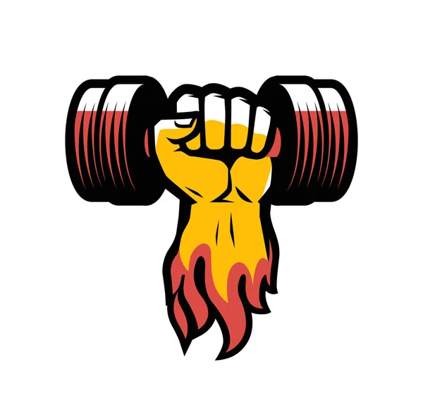 Arm med hantel. Gym klubbens logo typ eller etikett. Vektor illustration — Stock vektor