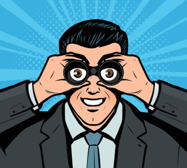 Dürbünle bakarak iş adamı. Pop Art Retro komik tarzı. İş vektör çizim