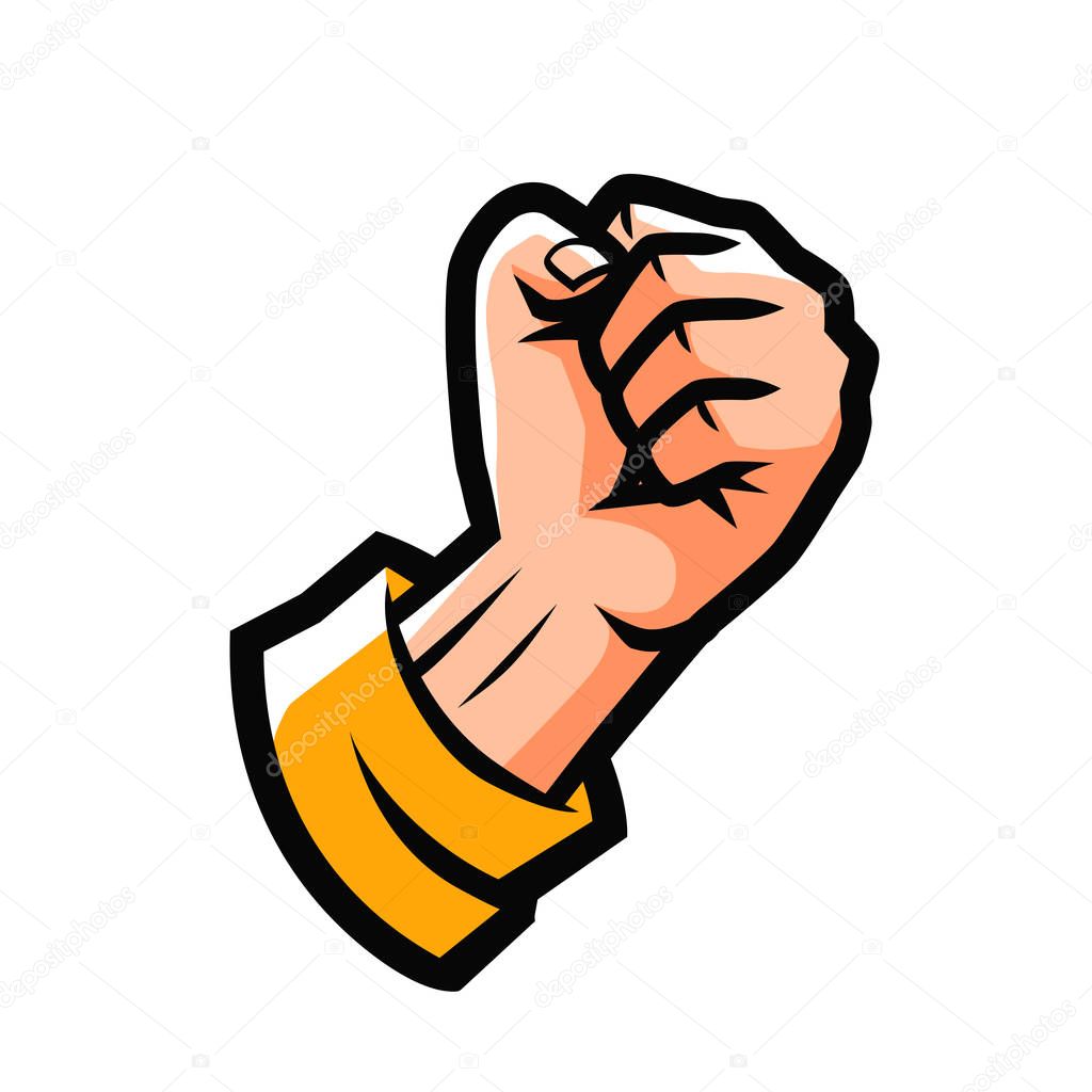 Clenched fist. Fight emblem or label. Cartoon vector illustration