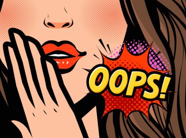 Şaşırmış kadın. Oops, pop art retro çizgi roman tarzı vektör illüstrasyon