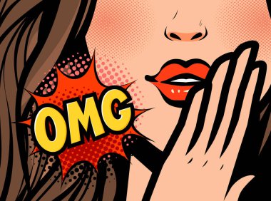 Pop art kadın yüzü. Seksi genç kadının yakın çekim. Omg, vektör illüstrasyon