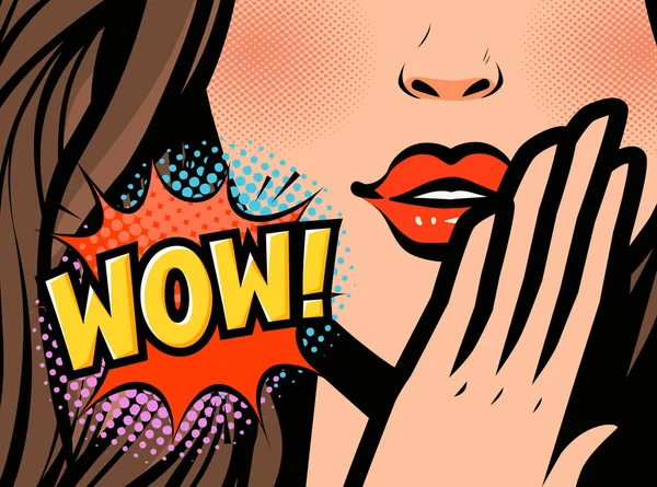 Pop Art vrouwelijke gezicht. Close-up van sexy jonge vrouw. Wow, vector illustratie — Stockvector