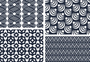 Geometrik dikişsiz desenler. Tek renkli süsler seti. Vektör arka planı