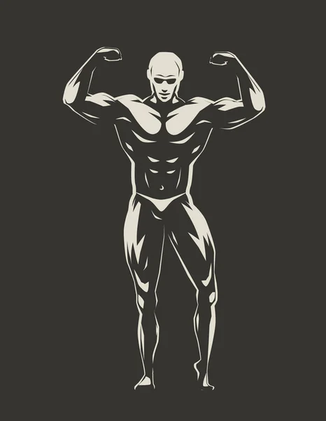 Muskulös bodybuilder med händer upp visar styrka. Gym, bodybuilding, sportkoncept. Vektor illustration — Stock vektor