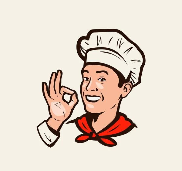 Chef sonriente gesto de delicioso. Menú, restaurante, emblema de la comida — Archivo Imágenes Vectoriales