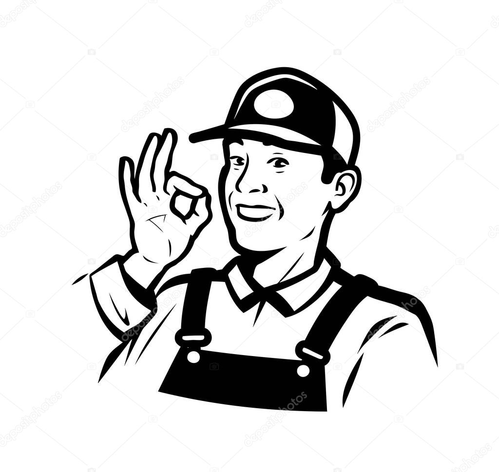 Portrait of a happy worker in overalls. Service, repair, delivery logo. Vector illustration