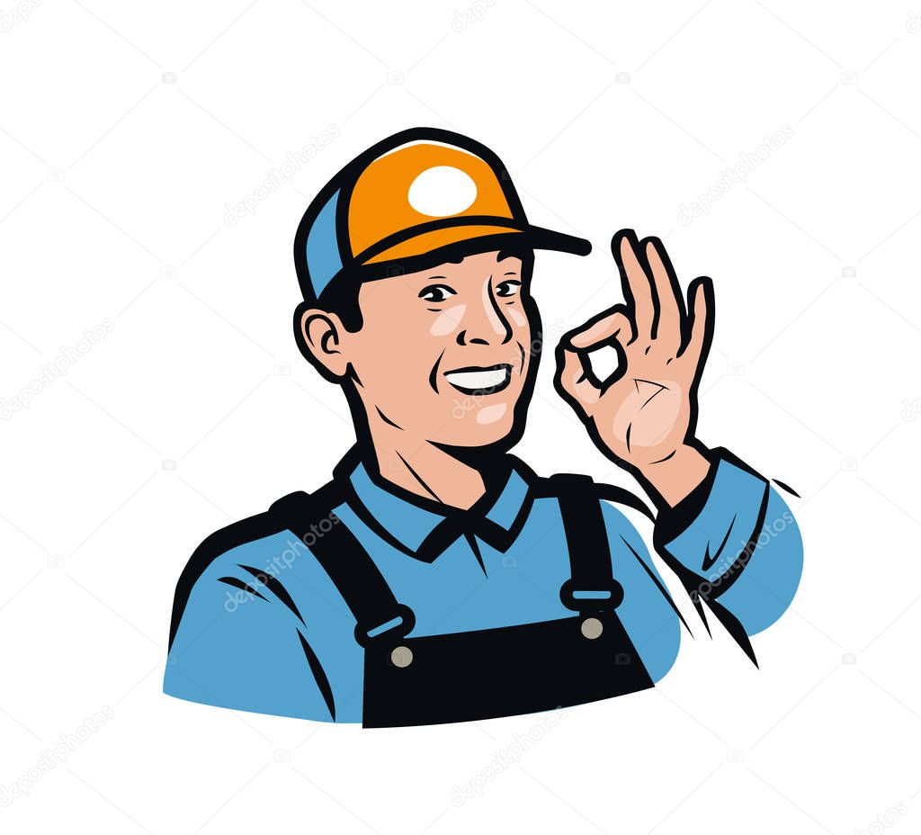 Smiling worker gesture ok. Service, repair, delivery logo. Vecto