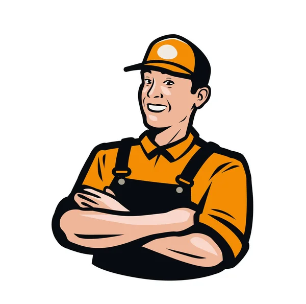 Pekerja atau petugas di overall (perusahaan). Logo layanan, perbaikan, pengiriman - Stok Vektor