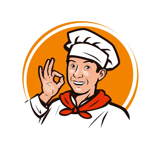 Ресторан, логотип или этикетка закусочной. Смешная векторная иллюстрация повара — стоковый вектор