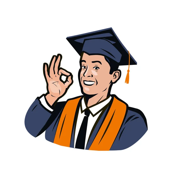 Happy student in graduation gown and cap. High school graduation — Stock Vector