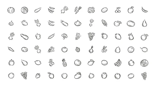Buah dan sayuran ikon ditetapkan. Ilustrasi vektor makanan - Stok Vektor