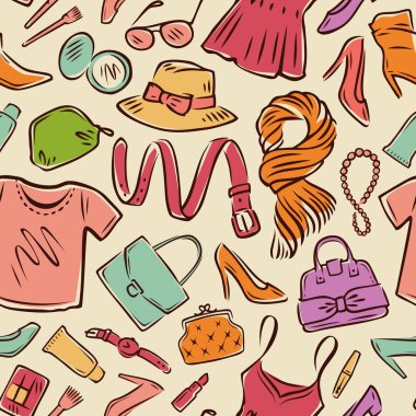 Moda sorunsuz arka plan. Giyim koleksiyonu, alışveriş vektör illüstrasyon