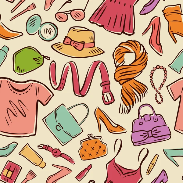 Moda fundo sem costura. Coleção de roupas, ilustração vetorial de compras — Vetor de Stock