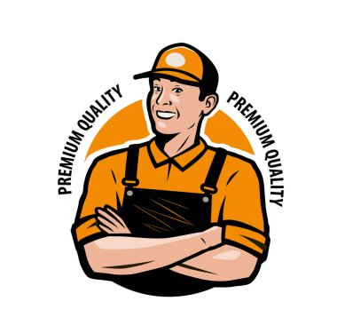 Logo hizmeti. İş elbisesi giymiş bir işçi. Vektör çizimi