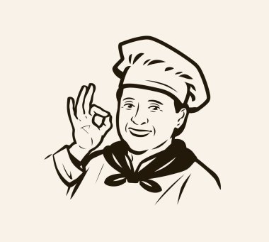 Logo menüsü, restoran. Şapkalı kadın aşçı. Vektör çizimi