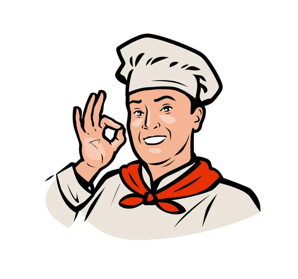 Chef gracioso. Logo de restaurante o cafetería, ilustración vectorial — Vector de stock