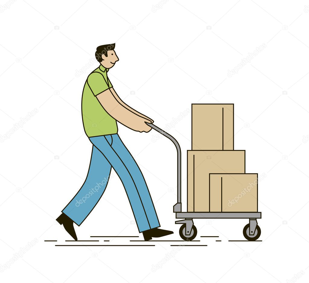 Shopper with shopping cart full of boxes. Vector illustration in linear style