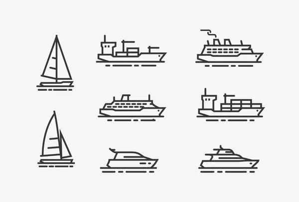 Conjunto de ícones do navio. Transporte, símbolo de cruzeiro. Ilustração vetorial estilo linear — Vetor de Stock