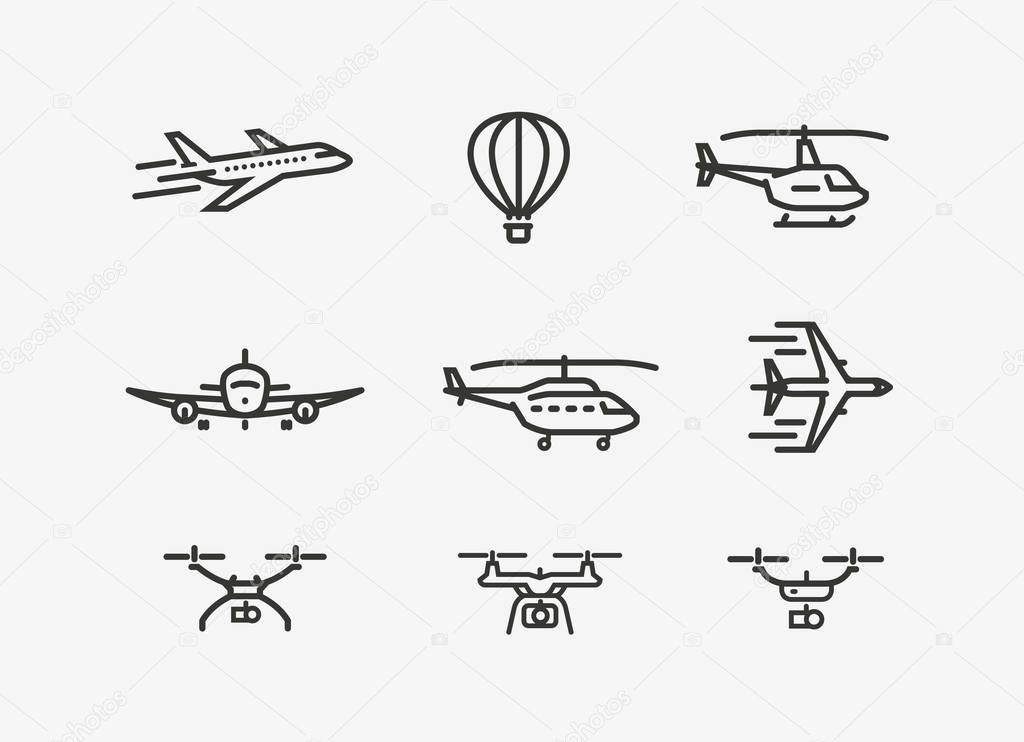 Set of airplane icon. Transport symbol in linear style. Vector illustration
