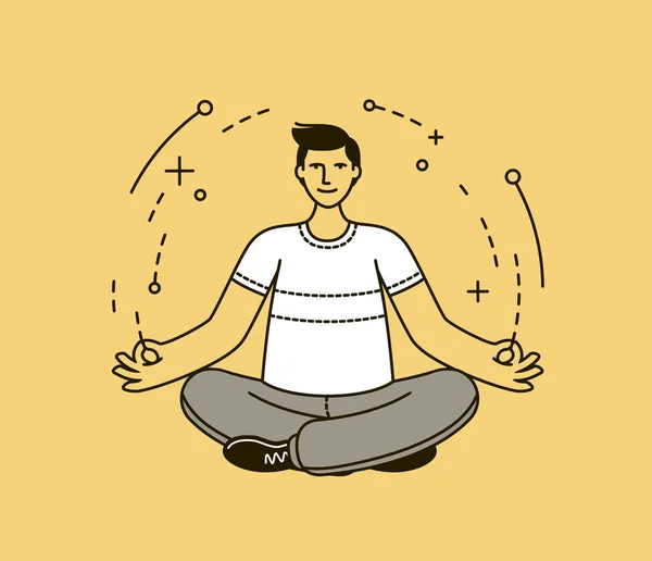 Homem a fazer ioga. Meditação, relaxe em estilo linear. Ilustração vetorial — Vetor de Stock