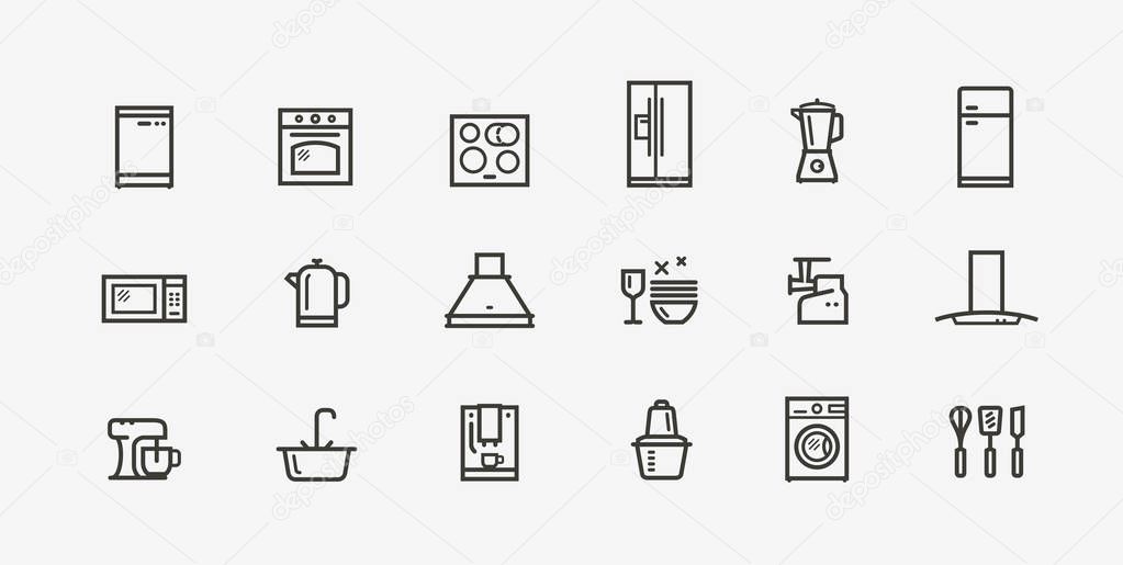 Kitchen appliances icon set. Household electronics in linear style. Vector illustration