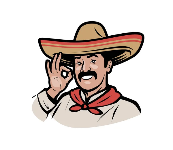 Uomo messicano con logo sombrero. Illustrazione vettoriale cartone animato — Vettoriale Stock