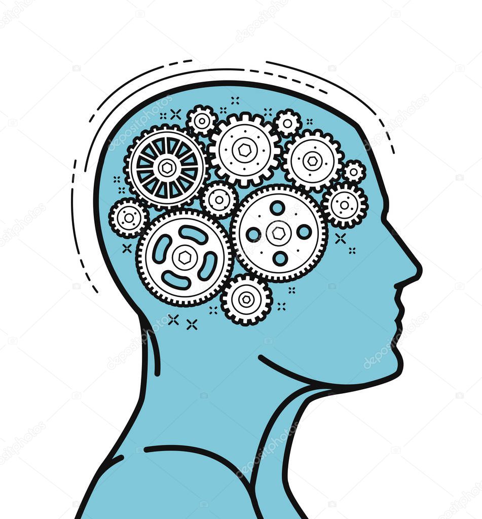 Brain and head, mechanical gears in progress. Vector illustration
