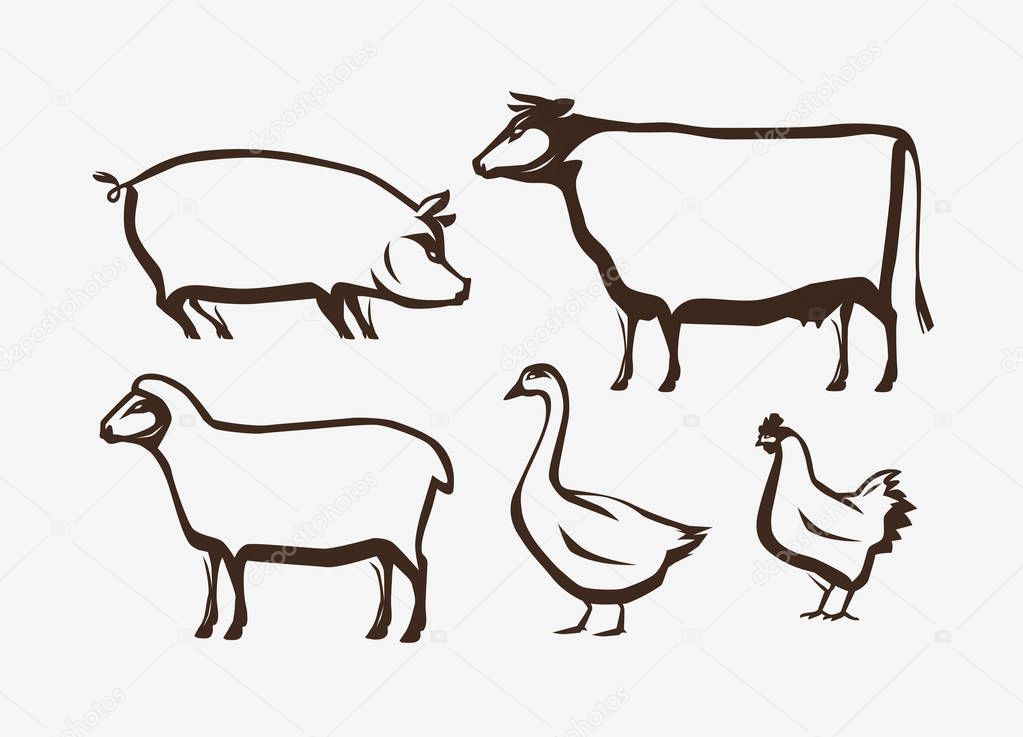 Farm animals set. Farming husbandry vector illustration