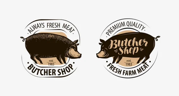 Butcher shop, butcher logo. Pig, pork label. Vector illustration — ストックベクタ