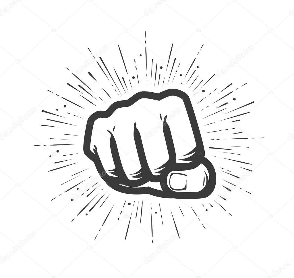 Clenched fist raised up. Gym logo. Vector