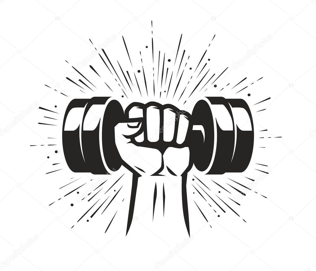 Arm with dumbbell. Gym club logo. Vector illustration isolated on white background