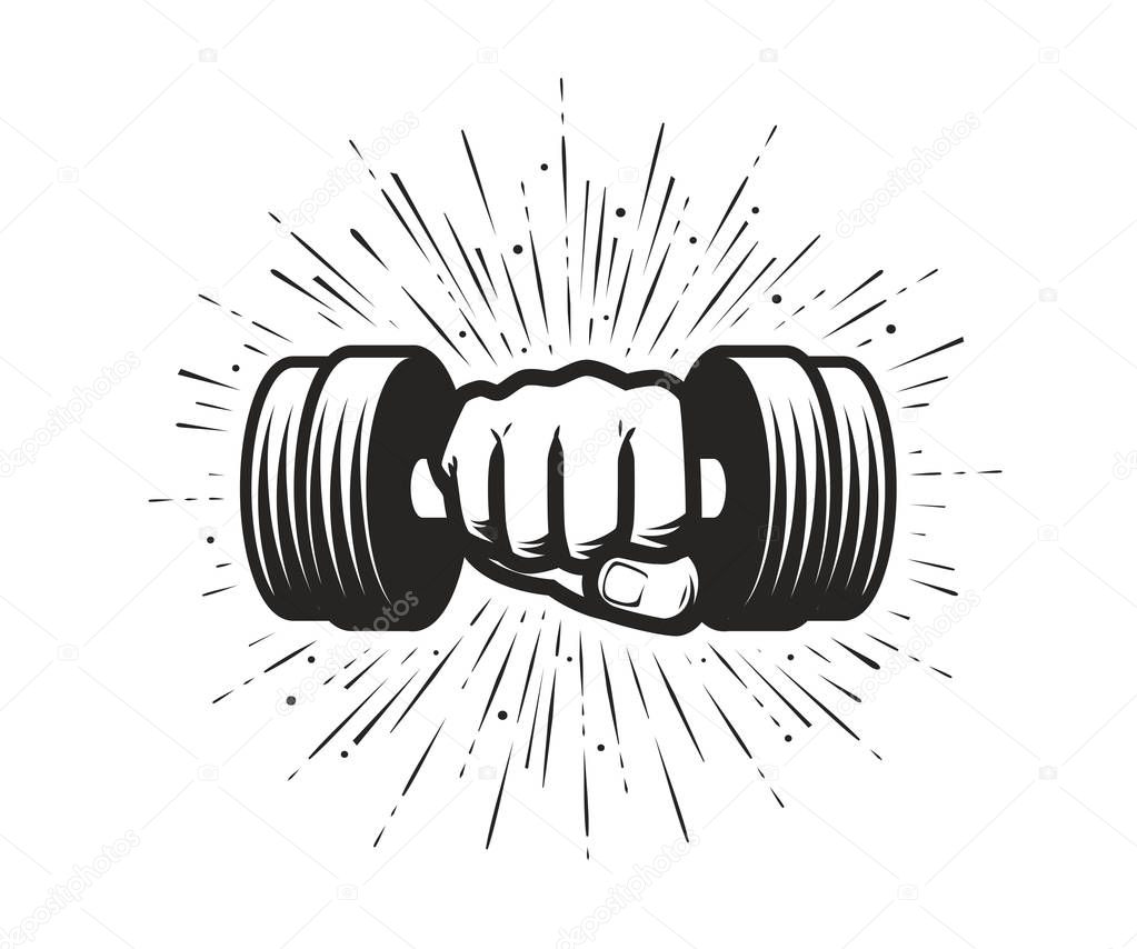 Arm with dumbbell. Gym club logo. Vector illustration isolated on white background