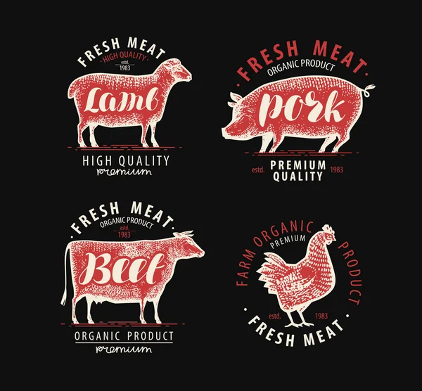 Conjunto de rótulos de carne. Carniceiro, símbolo de comida. Ilustração vetorial vintage —  Vetores de Stock
