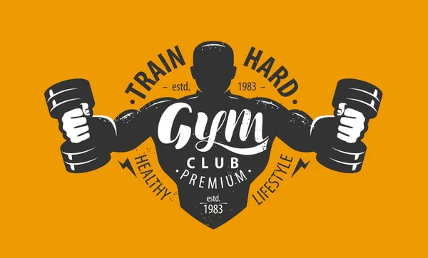 Logo o emblema del club de gimnasia. Deporte, concepto de culturismo. Letras vector ilustración — Vector de stock