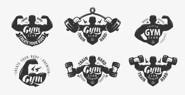 Set da palestra di loghi ed etichette. Sport, concetto di fitness. Illustrazione vettoriale — Vettoriale Stock