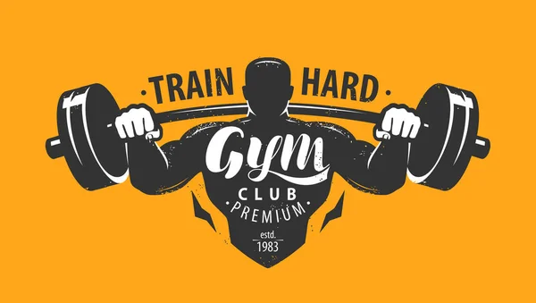 Gym club logo or emblem. Bodybuilding, fitness concept. Lettering vector illustration — Stock Vector