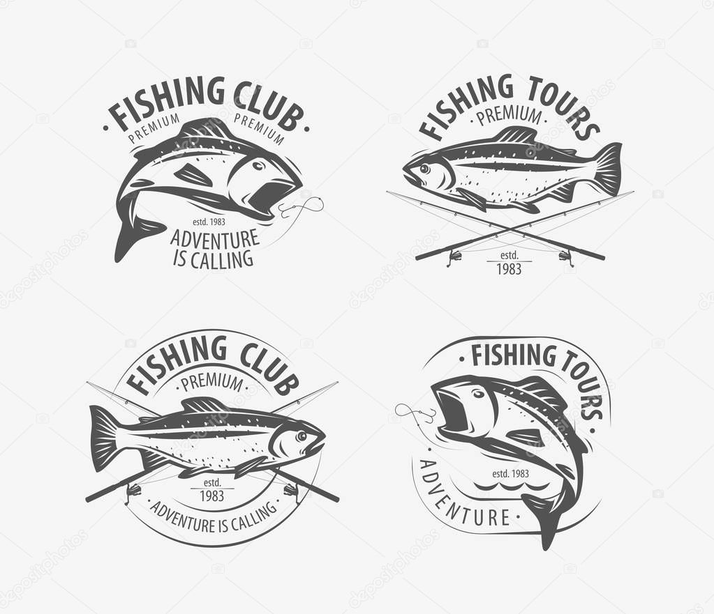 Fishing set of labels. Fishery logo or emblem. Vector illustration